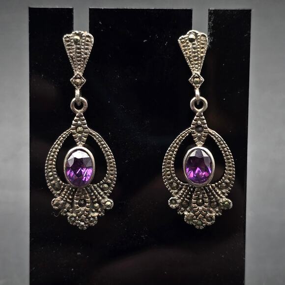 Sterling Silver Amethyst Macasite Earrings Dangle Drop Vintage - Picture 7 of 8